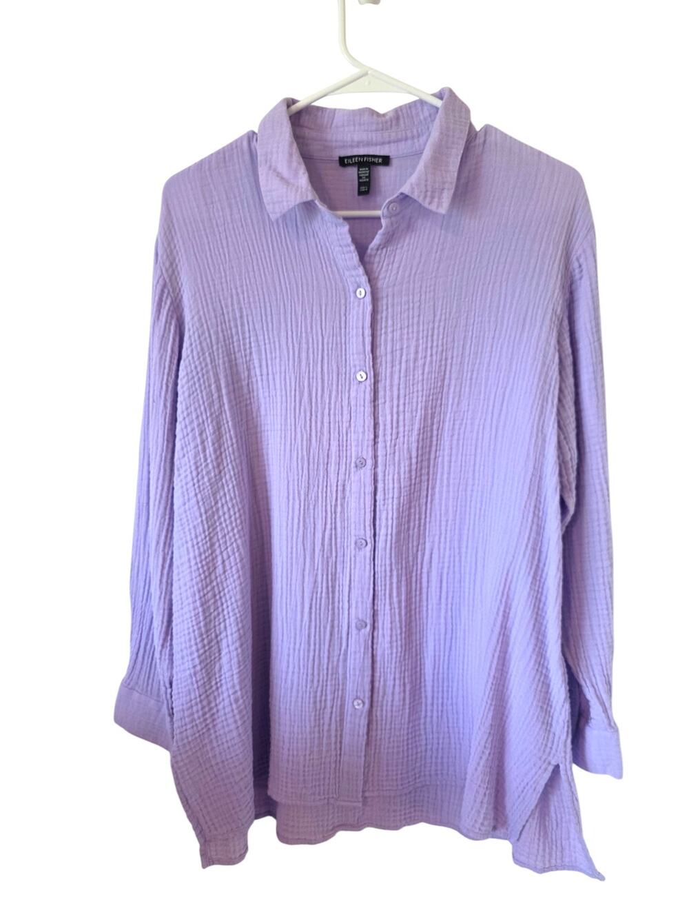 Eileen Fisher Organic Cotton Lofty Gauze Classic Collar Shirt Size Large Purple